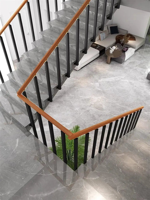 Premium Wrought Iron Balusters Six Pack Black Side Mount Spindles For Staircase Deck Railings in modern interior setting.