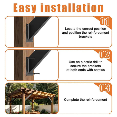 Installation steps for Heavy Duty 45 Degree Angle Corner Brackets For Wood Structures And Outdoor Projects With Rust Resistant Carbon Steel Black Powder Coat Ideal For Gazebos Treehouses Cabins And Patios DIY Kit Two Pieces