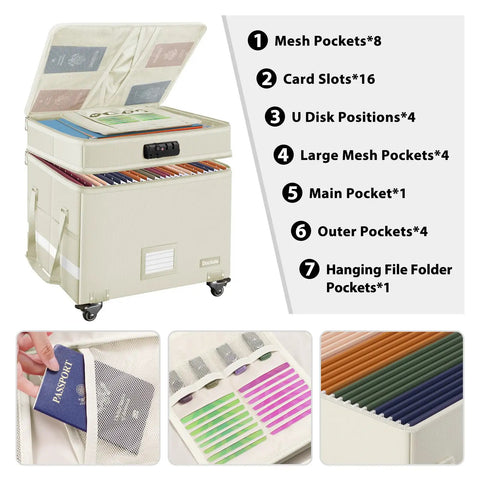 Rock Solid Fireproof Document Box With Secure Lock And Smooth Rollers Collapsible Portable Filing Cabinet water resistant beige with various pockets