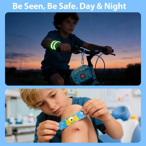 Kid Friendly First Aid Kit 160-Piece Water-Resistant Hard Shell Emergency Set used on child's knee with band-aid and bike at dusk.