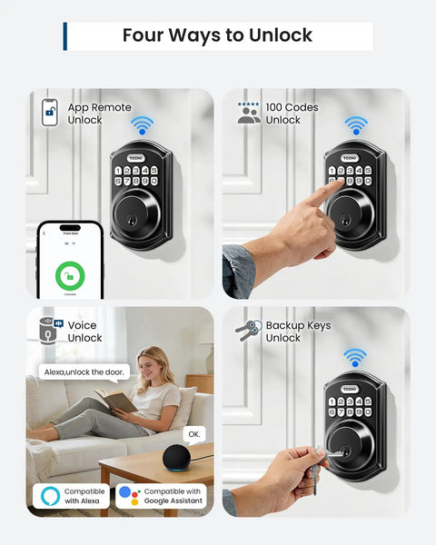 Built Tough WiFi Keypad Deadbolt For Your Front Door with remote app unlock, 100 codes, voice control, and backup keys.