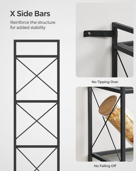 X side bars on 5 tier steel storage rack providing added stability for no tipping over, for entryway kitchen bathroom organization.