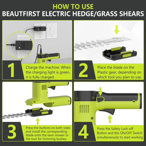 Step-by-step guide for using 12V Cordless 2 In 1 Hedge Trimmer And Grass Shears, illustrating charging, blade placement, operation.