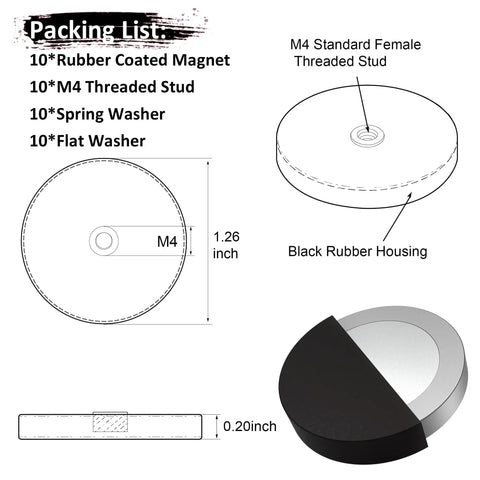 Diagram showing 10 Pack Rubber Coated NdFeB Magnets With M4 Female Threads, dimensions, and parts list for heavy duty magnetic mount bases.