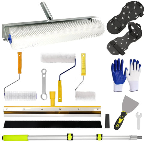 Pro Grade Self Leveling Cement Tool Kit with Stainless Steel Rake and Scraper, includes 22 inch rake teeth, spike roller, spiked shoes, telescopic pole.