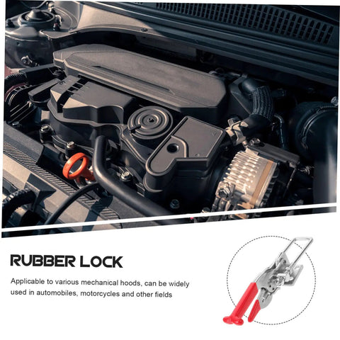 Car engine with highlighted Rubber T Handle Draw Latch For Toolboxes Hoods And Machinery Flexible Tough As Nails Abrasion Resistant.