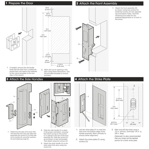 Installation diagram for Privacy Pocket Door Pull With Lock Matte Black Stainless Steel Hidden Screws No Visible Hardware.