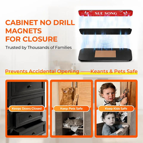 Ultra Thin No Drill Magnetic Cabinet Latches 4 Pack With 16 Adhesive Pads For Tight Gaps Black Easy Mount For Apartments RVs Dorms