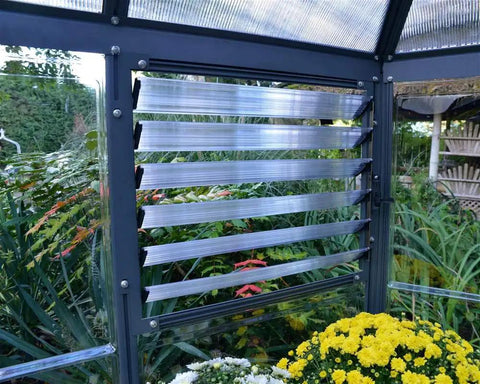Integrated vent of Hexagon Walk In Greenhouse Kit With Aluminum Frame And Heavy Duty Polycarbonate Panels, garden view inside.