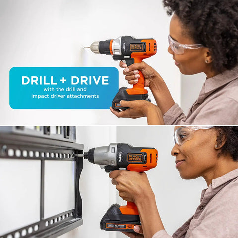 Woman using 20V MAX Cordless Drill And Impact Driver Combo Kit With Matrix Quick Connect System, 2 Tools, for home tasks.