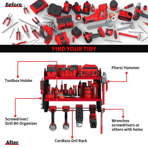 Garage Power Tool Organizer Wall Mount Rack For Cordless Drills And Heavy Duty Storage, tool arrangement before and after image.