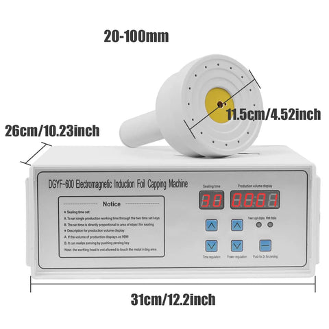 Portable Handheld Induction Sealer Fits 20Mm To 100Mm Caps 110V Digital Display on a compact machine with measurement labels.