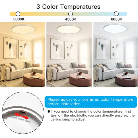 12 Inch Flush Mount LED Ceiling Light Dimmable 28W 3200LM Ultra Slim IC Fixture ETL Listed 3 Color Temperatures display