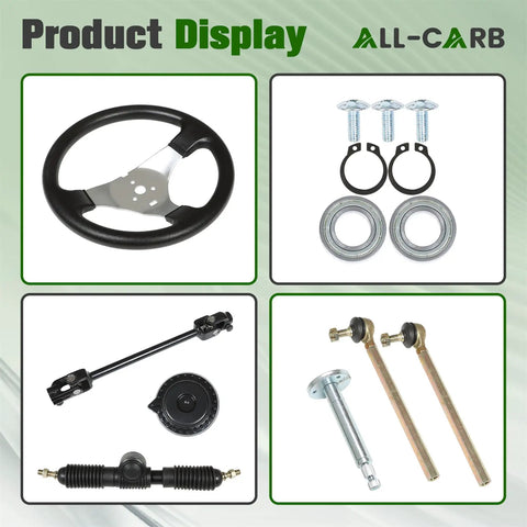 Drop In Ready 300MM Go Kart Steering Wheel Assembly Kit With 320MM Gear Rack Pinion And Adjustable Tie Rod Shaft For 110CC Dirt Track Racer Heavy Duty Steel Parts Set displayed with steering wheel, rack, tie rods, and bolts.