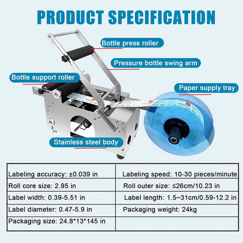 No Sweat Manual Round Bottle Labeling Machine And Adjustable Label Applicator For Small Biz Handles 15 To 30 Labels Per Minute, showing stainless steel body and label specifications.