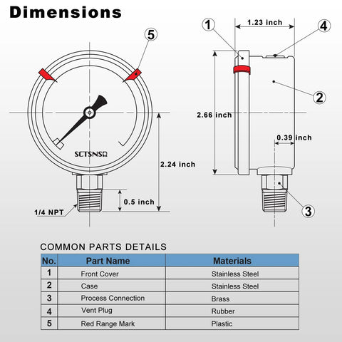 Front view of SCTSNSR glycerin-filled pressure gauge, 0–3000 psi, 2.5 in dial, 1/4 in NPT, stainless steel case