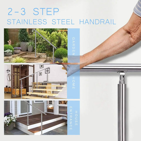 Heavy Duty Stainless Steel Top Railings With No Fuss Install Kit For Backyard And Porch, shown with handrail in garden and home settings.