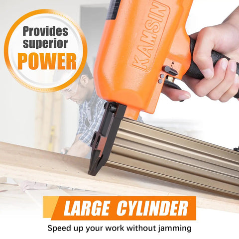 Close-up of Real Deal 16 Gauge Pneumatic Brad Nailer With Side Load Magazine And Rugged Aluminum Body for precise nailing on wood.