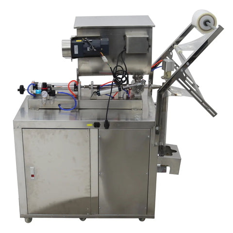 Automatic Liquid Paste Filler And Sealer Machine With Mix Hopper For Sauces And Chunky Salsa Stainless Steel three side packaging system.
