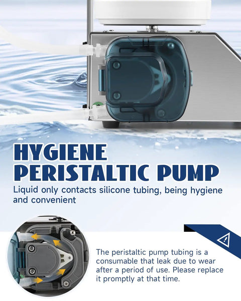 Straight Up Automatic Liquid Filler Machine With Digital Scale And Heavy Duty Peristaltic Pump close-up of hygienic pump component.