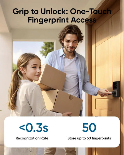 No Sweat Biometric Fingerprint Door Lock With Smooth Integrated Handle And Built In Wifi For Big Time Smart Home Security With Instant Remote Access Controls For Everyday Family Life. Family member using fingerprint access for door with packages.