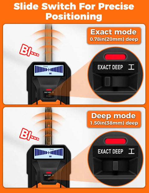 Hella Versatile Heavy Duty Wall Scanner And Smart Stud Finder locates wood studs; displays exact and deep mode settings.