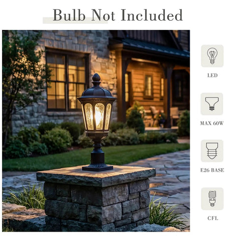 Outdoor Lamp Post Light Fixture 19 Inch Matte Black Pillar Lantern with Water Ripple Glass on garden pillar, E26 base.