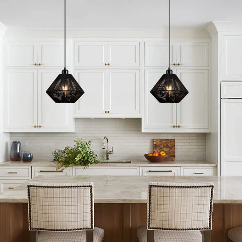 2 Pack Woven Plug In Pendant Lights Black Rustic Farmhouse Style With Cord And On Off Switch For Kitchen Island