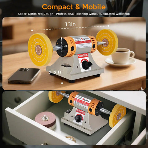 All In One Jewelry Polishing Kit For Bench Grinder With Six Cloth Wheels and Speed Dial on a workbench