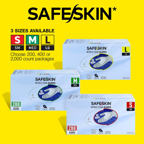 Front view of SAFESKIN nitrile exam glove boxes, 200-count, sizes S/M/L, light blue packaging