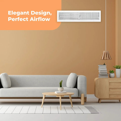 Interior view with a Premium 30 By 6 Inch Wall Vent Cover With Multi Shutter Damper above a modern living room setting.