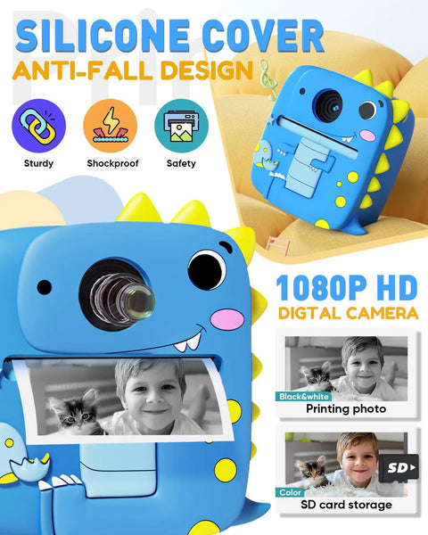 Kids Camera With Dinosaur Silicone Case 1080P Toddler Digital Camera For Boys And Girls Ages 3 To 8 With Instant Photo Printing And 3 Roll Print Paper Blue Fun Toy, blue dinosaur silicone cover