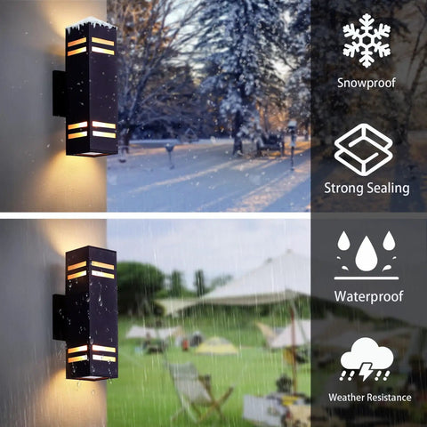 Image showing Dusk To Dawn Outdoor Wall Light 2 Pack Brown Up Down Sconce Dope Aluminum Porch Lighting for House Front Door IP65 during snow and rain.