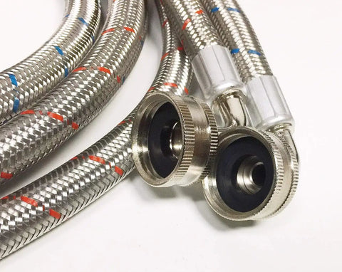 Close-up of 2-Pack Premium Stainless Steel Washing Machine Hoses, 6 Ft No-Lead Burst-Proof Red And Blue Lined Water Inlet Supply Lines