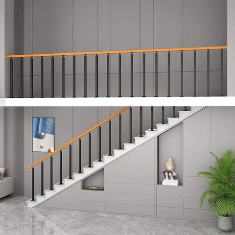 Tough As Nails Heavy Duty Wrought Iron Railing Spindles For Indoor Stairs And Decks, black balusters on a modern staircase.
