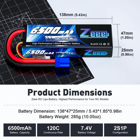 Product dimensions of Beefy Pro-Grade 2S 6500mAh 7.4V RC Battery Hard Case With EC5 Connector 120C High-Discharge Power Pack