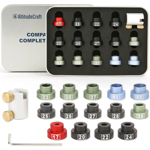 Bullet Comparator Kit With 14 Inserts For.17 To.45 Calibers, Pro Grade Reloading Gauge Tool displayed in an anodized aluminum tin box