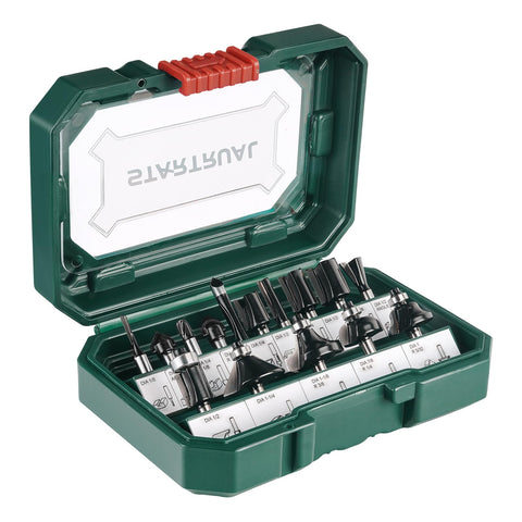 15 Piece Router Bit Set One Quarter Inch Shank Tungsten Carbide Woodworking Bits for Carpenters in green case