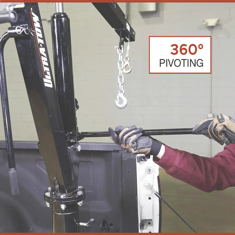 Beast Mode Hydraulic Pickup Truck Crane With 360 Degree Pivot And Integrated Hand Winch Built Legit For Up To Two Thousand Pound Vehicle Load Towing, showing pivoting mechanism.