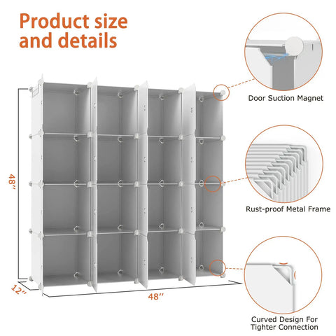 Closet Organizer 16 Cube Storage With Doors Portable Wardrobe System For Bedroom And Home White showing product size and details