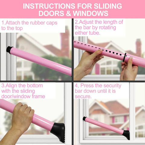 Instructions for using the Badass Door Security Bar with Adjustable Lock for Travel and Home Safety in a sliding window setup.