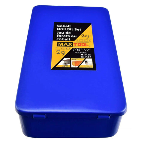 Blue case of 29-Piece Twist Drill Bit Set With 8 Percent Cobalt M42 For Hardened Steel And Cast Iron, Jobber Length, Fully Ground Bits