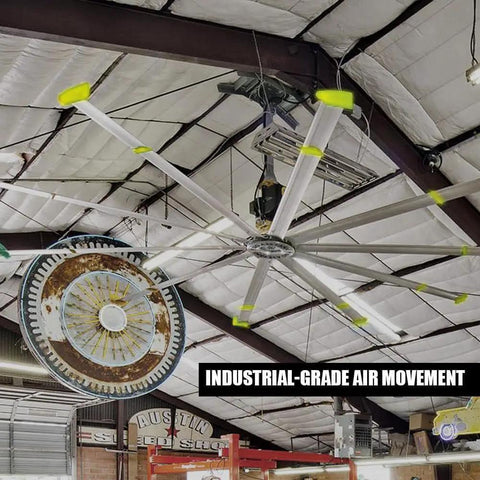 Heavy Duty Industrial Ceiling Fan 236 Inch HVLS Large Diameter Air Circulator With Eight Rugged Aluminum Blades For Warehouses Factories Gyms And Workshops That Knock Out Heat Dead On, installed in a warehouse.