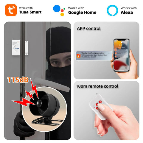 Heavy Duty Wifi Siren Host For Smart Home Security Rock Solid Knockout Protection Expanding Up To Fifty Sensors Without Hassle, displaying 115dB siren and app control features.