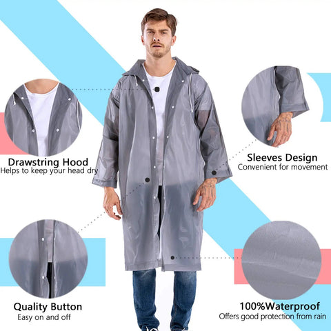 Heavy Duty Reusable Rain Ponchos For Adults 2 Pack With Hooded Design Impermeable Rain Coat For Men And Women Drawstring Hood And Elastic Cuffs Weatherproof Outdoor Gear In Grey Storm Ready Emergency Gear featuring drawstring hood and elastic cuffs