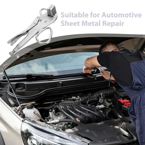 Mechanic using Heavy Duty Auto Body Sheet Metal Repair Pliers With Adjustable Locking Welding Clamp for panel fastening on car engine.