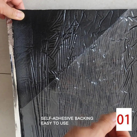 Super Sticky High Density Acoustic Foam Wall Panels With Built In Aluminum Foil, showing self-adhesive backing being removed.