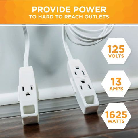 Flat Plug Sofa Power Cord With Six Outlets Total, Two Six Foot Cords, 16 Gauge Grounded Three Prong Plug, White Cable Close-up