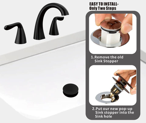 Universal Bathroom Sink Drain Stopper With Detachable Hair Catcher And Matte Black Finish shown in installation steps over sink.