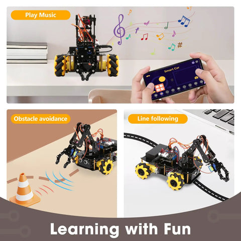 Robot Arm Expansion Pack Kit For Kids And Teens App Controlled ESP32 Powered Coding And STEM Robotics With 16 Progressive Tutorials And Teacher Ready Plans For Home School And Classroom All Around Fun. App-controlled yellow metal robot car with arm for music, obstacle avoidance, line following